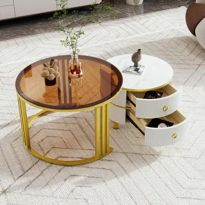 Produktbild von MODFU Couchtisch 2er set, 2-in-1 runder Couchtisch aus MDF mit 2 Schubladen, Beistelltisch mit Platte aus gehärtetem Glas, Weiß/Braun
