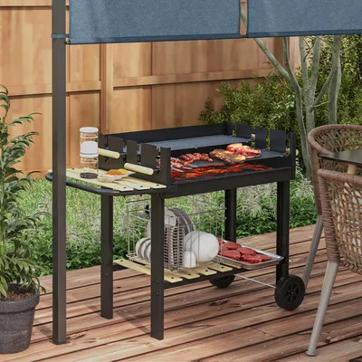 Produktbild von Sweiko Kohlegrill, Grillwagen, 2 Grillflächen, 2 Räder, Griffe, Ablagen, 113 x 53,5 x 82,5 cm, Schwarz