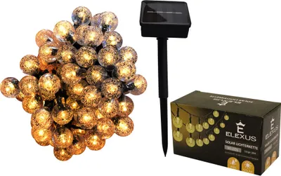 A string of solar-powered fairy lights, a solar panel stake, and the product's packaging are displayed against a white background.