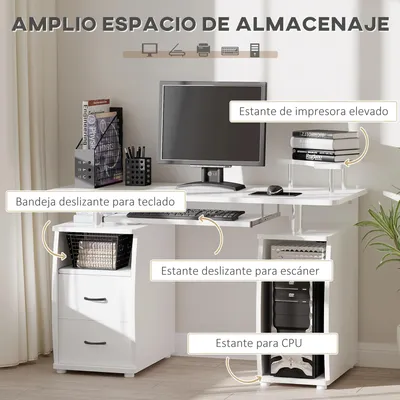 Image de Bureau informatique - 120 cm - Étagères - 2 tiroirs - Tiroir coulissant pour clavier - Bois - Blanc