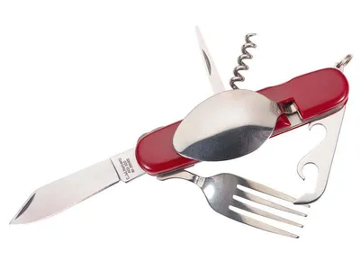 Obrázok produktu pre Kempingový príbor, skladací, deliteľný, nerezová oceľ AISI 420, lyžica, vidlička, nôž, otvárač na fľaše, otvárač na konzervy, šidlo, vrecko