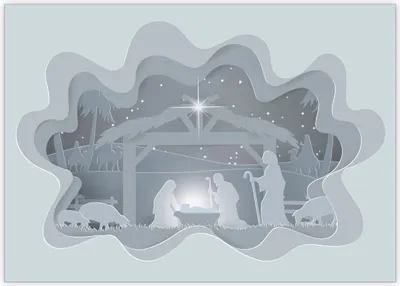 Produktbild von 4x Moderne Weihnachtskarte mit Krippe in Papercut Optik mit Christkind in grau
