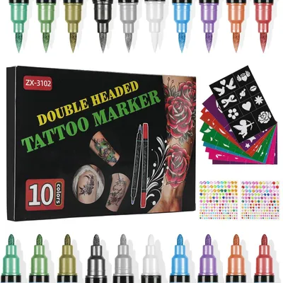 Obrázek produktu pro Dočasné tetování Stylos – pro děti – 10 barev – s třpytkami a šablonami