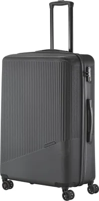 A dark gray, ribbed suitcase with a telescopic handle and four wheels, presented against a white background.