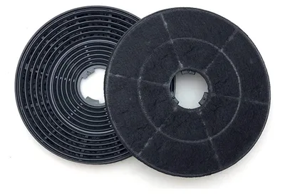 Two charcoal filters for a range hood, one is a black plastic frame with a grid pattern, and the other is a black fabric filter.