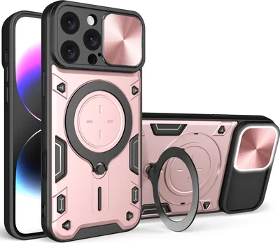 Produktbild von Handyhülle für iPhone 16 Pro Max Dual-Layer Stoßfest Rüstung Hülle mit Dia Kameraschutz und Kreisförmig Ring Ständer Roségold