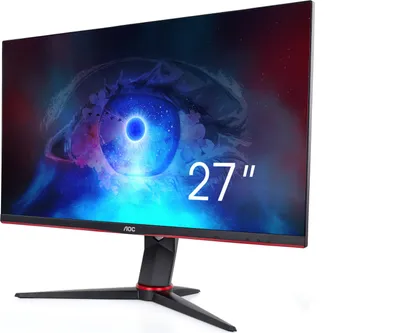 A 27-inch AOC gaming monitor with a futuristic eye graphic on the screen.