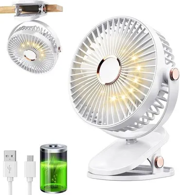 Image de Ventilateur USB - 5 vitesses avec éclairage - Ventilateur à clip avec LED - Ventilateur à clip - Ventilateur de table - Mini ventilateur silencieux - Ventilateur sans fil - Petit, silencieux et discret - Rotation à 360° - 1200 mAh - Pour la maison, le bureau, la poussette, le camping