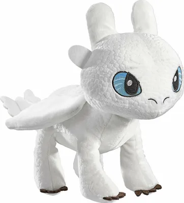 A white plush toy dragon with blue eyes and brown claws.