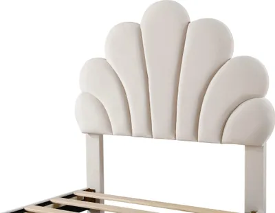 Immagine prodotto di okwish Letto per bambine 90×200 cm con 2 vani portaoggetti e rete a doghe, letto imbottito per bambini, letto singolo funzionale con testata a forma di fiore, beige (senza materasso)
