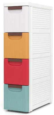 Produktbild von COSTWAY Nischenschrank schmal mit Rollen, Nischenregal, Nischenwagen mit 4 Schubladen, Badrollwagen für Bad, Klassenzimmer, 42 x 19 x 74 cm, Bunt