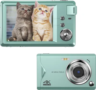A digital camera shown from the front and back, with a screen displaying kittens.