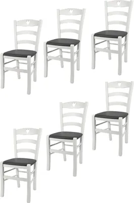 Produktbild von t m c s Tommychairs - 6er Set Stühle CUORE für Küche und Esszimmer, robuste Struktur aus Buchenholz, deckend Weiss lackiert und gepolsterte Sitzfläche mit Kunstleder in der Farbe Dunkelgrau bezogen