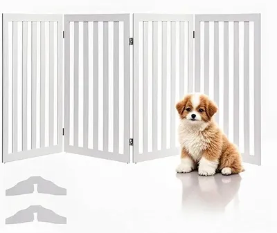 Produktbild von Absperrgitter Hund, faltbar & freistehend Hundegitter, Schutzgitter für Tür & Treppe, Türschutzgitter Treppengitter für kleine & mittlere Haustiere, Weiß (203 x 89cm)