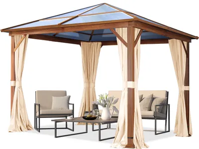 Produktbild von Gartenpavillon 3x3 m Holzoptik, ca 8 mm Polycarbonat-Dach, 4 Seitenteile in champagner
