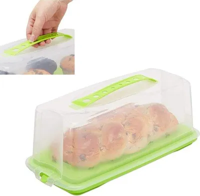 Image de Boîte à gâteaux rectangulaire portable avec couvercle - idéale pour les pâtisseries - dimensions : 15 x 37 x 16 cm - verte et transparente