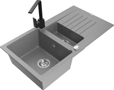 Produktbild von Mexen Matias 1,5-Becken-Granitspüle mit Abtropffläche und Mischbatterie Rita, Grau - 6502-71-670300-70