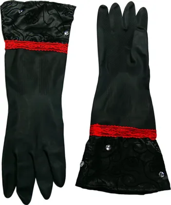 Produktbild von Schwarze Latex Haushaltshandschuhe M, 43 cm, mit verzierten Manschetten, Perfect Housewives Lace