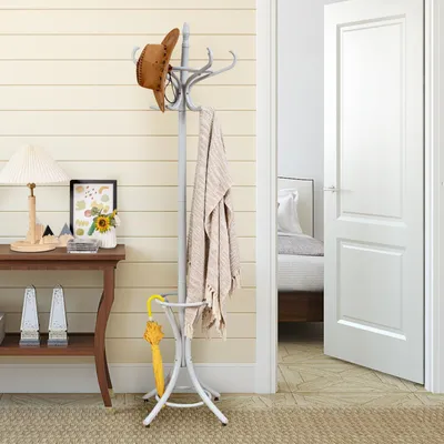 Produktbild von COSTWAY Garderobenständer 184cm, Kleiderständer Holz, Jackenständer mit 12 Kleiderhaken & Schirmhalter, Garderobe Standgarderobe, Grau