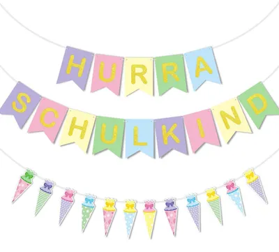 Produktbild von Einschulung Deko Girlande Hurra Schulkind + Schultüte Banner aus Karton