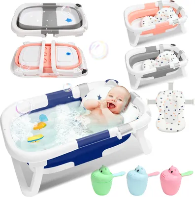 Immagine prodotto di TolleTour Bagnetto pieghevole con termometro e cuscino da bagno - Bagnetto pieghevole - Bagnetto per bambini - Grigio