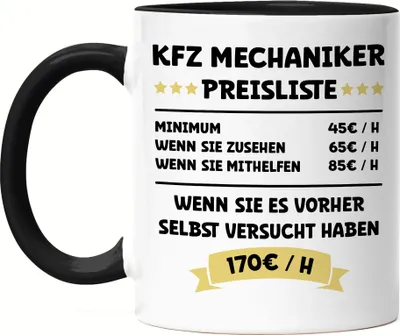 Produktbild von KFZ Mechaniker Preisliste Tasse Schwarz Schwarz Beruf Arbeit Job Autos Autohaus Technik Werkstatt Werkzeug Auto