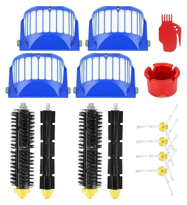 A collection of replacement parts for a robot vacuum cleaner, including filters, brushes, and cleaning tools, laid out on a white background.