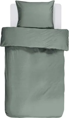 A top-down view of a duvet and pillow set on a bed.