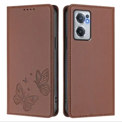 Image de Étui en cuir pour OnePlus Nord CE 2 5G, étui de protection type portefeuille en cuir gaufré « papillon » avec support, marron