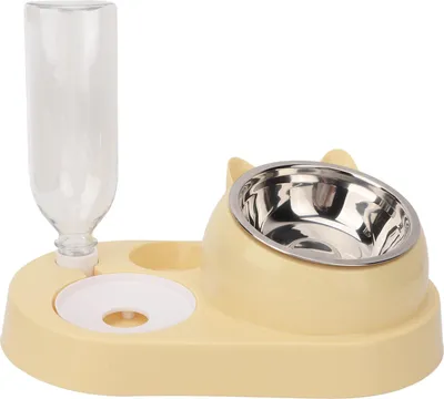 Produktbild von Wasser- und Futternapf-Set für Haustiere, automatische Trinkflasche, geneigter Futterspender aus Edelstahl für Katzen und Hunde