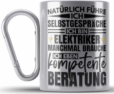 Produktbild von Trendation - Elektriker Edelstahl Tasse Karabiner Geschenk Elektromeister Lustiger Spruch Männer Geschenkidee Natürlich Führe Ich Selbstgespräche (Silber)