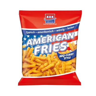 Verpackungsbild XOX American Fries Curry BBQ Mais Kartoffel Snack Beutel 125g