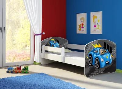 Produktbild von Kinderbett, Babybett 70x140, 80x160, 80x180cm Juniorbett, Kind, Motiv, Schublade CLAMARO, Bett Farbe:04 Blau Car, Ausführung:Ohne Bettkasten, Bett Größe:140 x 70 cm