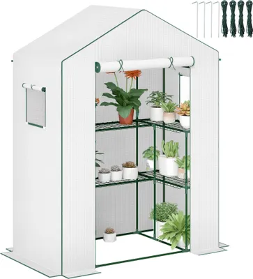 Produktbild von Outsunny PE-Gartengewächshaus mit 3 Regalböden, Balkongewächshaus, verstärkter 135 g/m²-Plane, Stahlrahmen, aufrollbarer Reißverschlusstür, für Gemüse, Pflanzen und Blumen, 140 x 73 x 190 cm, Weiß