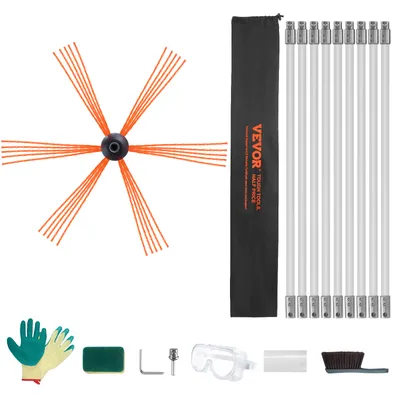 Image de VEVOR Brosse pour tuyaux de poêle 9 m Brosses de cheminée incl. 9 tiges Brosse de cheminée Balai de cheminée Nylon Balai de cheminée Balayeur de tuyaux de poêle Nettoyeur de suie Brosse pour tuyaux de poêle de cheminée