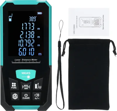 A laser distance meter, its accessories, and a manual are displayed against a white background.