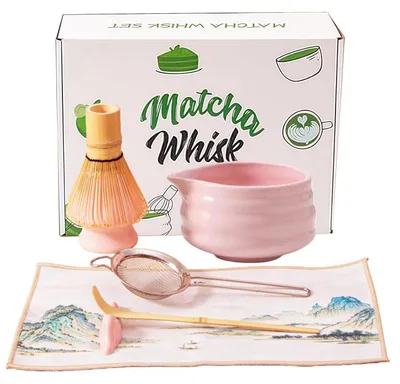 Zdjęcie produktu dla Zestaw do parzenia matcha Rosa, 7 elementów: miska, trzepaczka, sitko, łyżeczka, podstawa, ściereczka