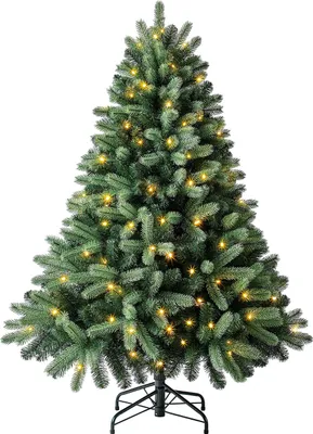 Produktbild von Dehner Künstlicher Weihnachtsbaum Fichte Stellan, mit LED-Beleuchtung warmweiß, inkl. Metallständer, Höhe 150 cm, Ø 117 cm, PVC/Polyethylen/Metall, grün