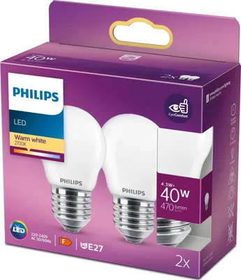 Produktbild von Philips Filament-Kerzenlampe, Milchglas, 40W, P45, E27 x2, 4,3 W, 40 W, E27, 470 lm, 15000 h, Warmweiß