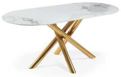 Image de MENZZO Table ovale 90x180cm Rusking Effet marbre blanc et pieds croisés Métal doré