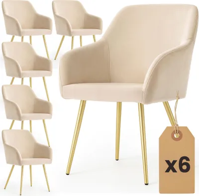 Produktbild von 6er Set Glatte Velours Esszimmerstühle ESTELLE Beige mit goldenen Beinen