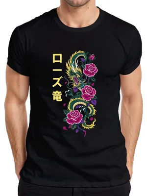 Produktbild von ローズ竜 Japanischer Drache Rosen Tattoo Rose Japan Y2K Irezumi Asia Herren T-Shirt, Schwarz, XXL