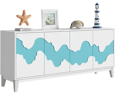 Image de Buffet avec 4 portes, dimensions 160x40x73 cm, blanc et bleu, motif à vagues