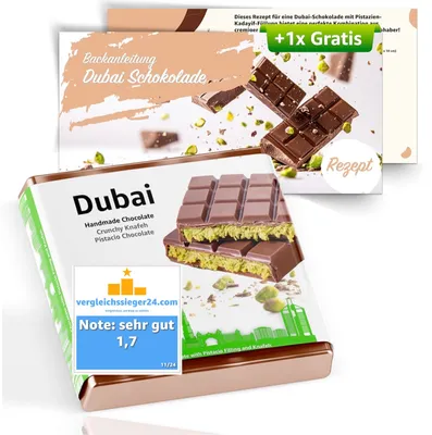 Productafbeelding van XXL Set - 1x Dubai chocolade (100 gram) + 1x recept - met pistache & kadayif - om te proeven en zelf te bakken