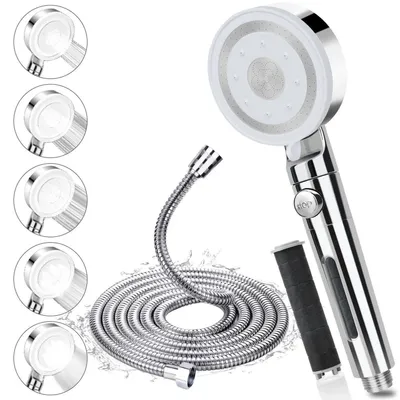 Produktbild von Duschkopf mit Schlauch 2M, Hochdruck, mit Filter, 5 Strahlarten, Stoppfunktion, Edelstahl, Silber