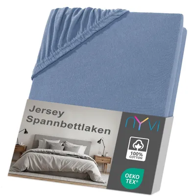 Produktbild von NYVI Jersey Spannbettlaken DreamScience 180x200 - 200x200 cm rauchblau für Matratzen bis 22 cm Höhe - Weich & Anschmiegsam, Rundumgummizug, Bügelfrei