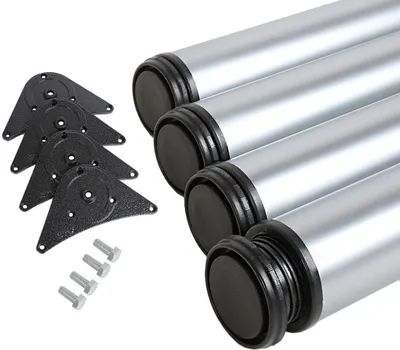 A set of four silver table legs with black feet and mounting plates, along with screws, are arranged on a white background.