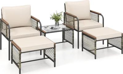 Zdjęcie produktu dla Zestaw mebli ogrodowych z polirattanowych COSTWAY, zestaw balkonowy zawierający 2 krzesła z poduszkami, stołek i stół, meble tarasowe, zestaw ogrodowy, zestaw wypoczynkowy w kolorze beżowym