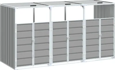 A 3-bin trash can enclosure made of steel.