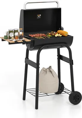 Produktbild von KOMFOTTEU Holzkohlegrill mit klappbaren Seitentischen & Rollen, Grillwagen integriertem Thermometer & Ablagefach, Rauchgrill Standgrill für outdoor